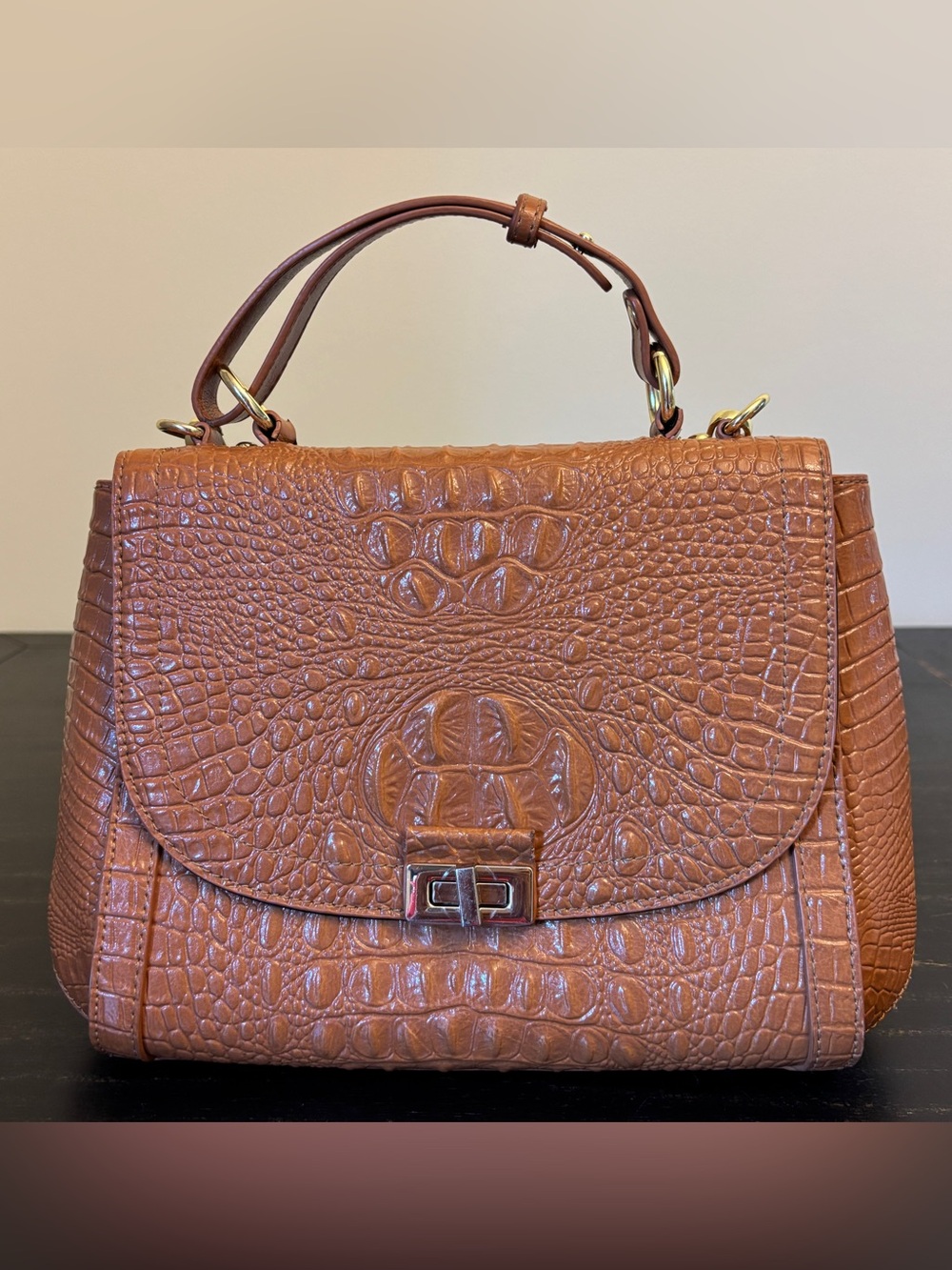 Vintage Genuine Leather Croc Embossed Structured Hand Bag Crossbody Cognac Brown